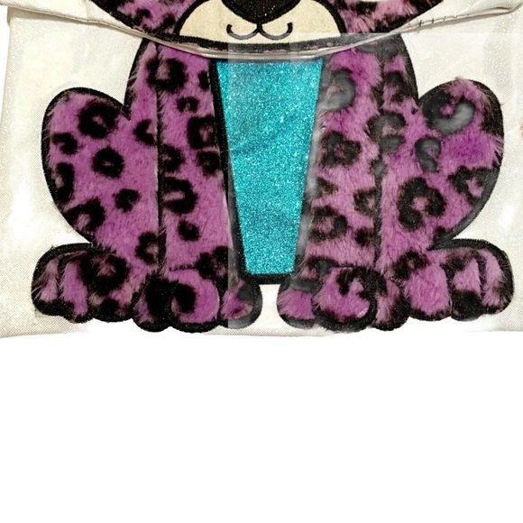Justice Girls Bag Backpack Purple Blue Cat Cheetah Sparkly Furry Iridescent Cute - Picture 4 of 14
